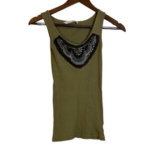 Olive Y2K Tank Top with Black Beaded Bib Detail